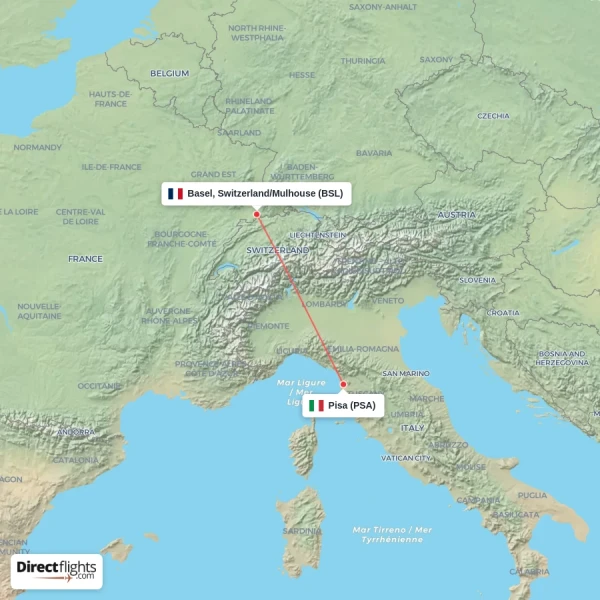Basel, Switzerland/Mulhouse - Pisa direct flight map