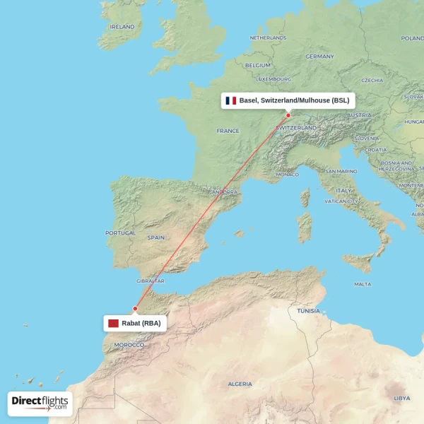 Basel, Switzerland/Mulhouse - Rabat direct flight map