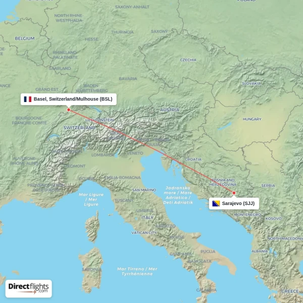 Basel, Switzerland/Mulhouse - Sarajevo direct flight map