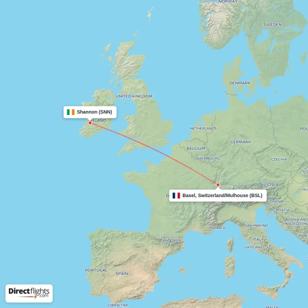 Basel, Switzerland/Mulhouse - Shannon direct flight map