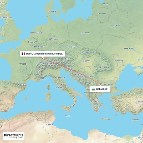 Basel, Switzerland/Mulhouse - Sofia direct flight map