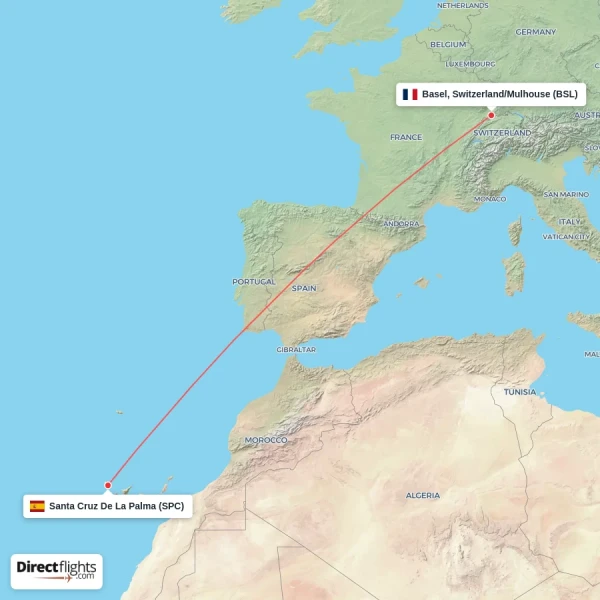 Basel, Switzerland/Mulhouse - Santa Cruz De La Palma direct flight map