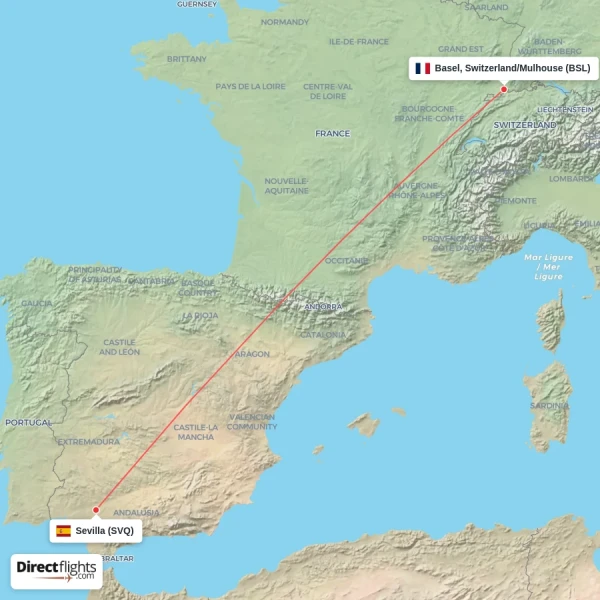 Basel, Switzerland/Mulhouse - Sevilla direct flight map