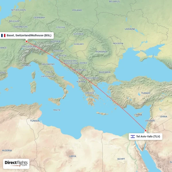 Basel, Switzerland/Mulhouse - Tel Aviv-Yafo direct flight map