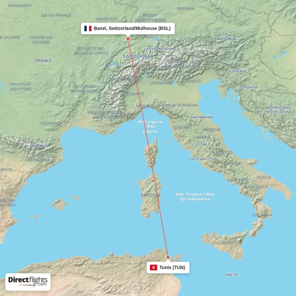 Basel, Switzerland/Mulhouse - Tunis direct flight map