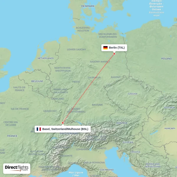 Basel, Switzerland/Mulhouse - Berlin direct flight map