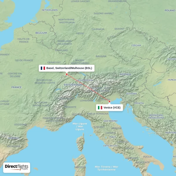 Basel, Switzerland/Mulhouse - Venice direct flight map