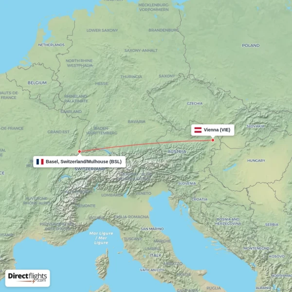 Basel, Switzerland/Mulhouse - Vienna direct flight map