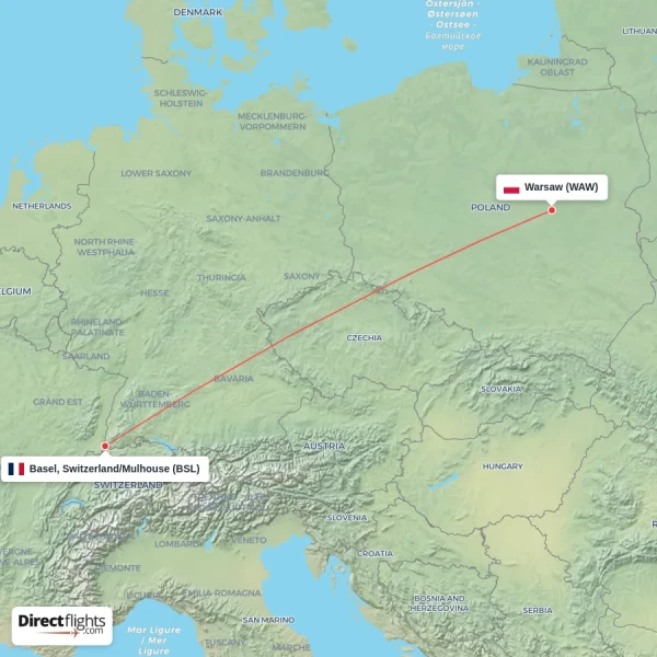 Basel, Switzerland/Mulhouse - Warsaw direct flight map
