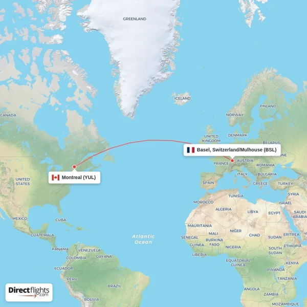 Basel, Switzerland/Mulhouse - Montreal direct flight map