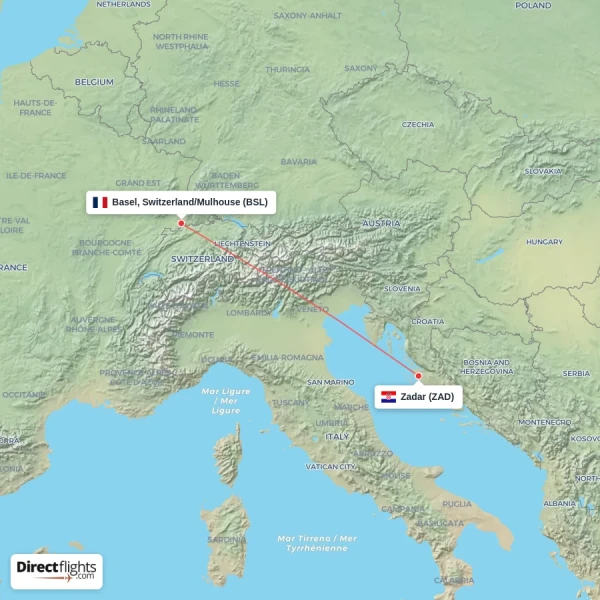 Basel, Switzerland/Mulhouse - Zadar direct flight map