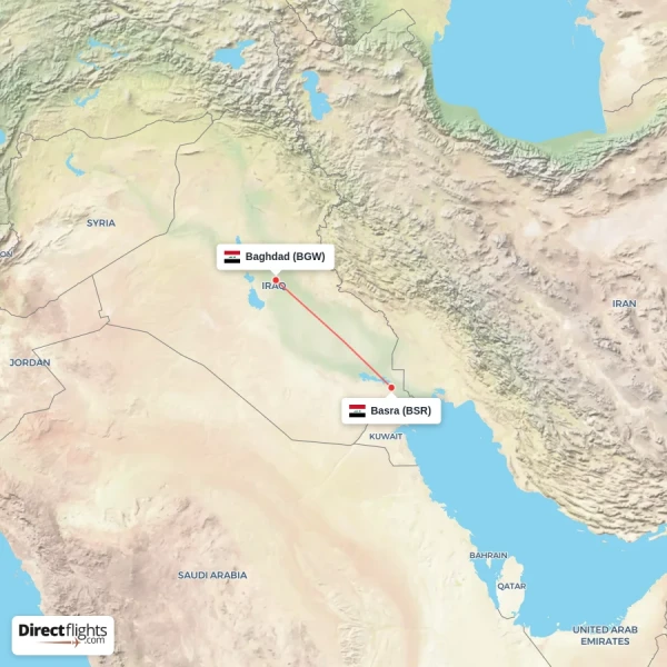 Basra - Baghdad direct flight map
