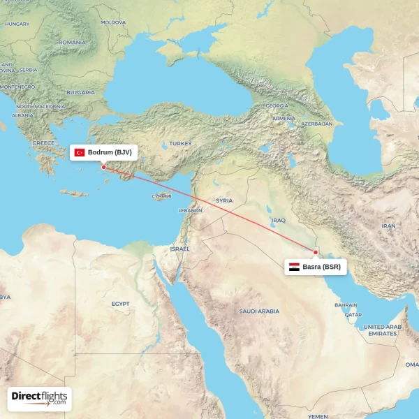 Basra - Bodrum direct flight map