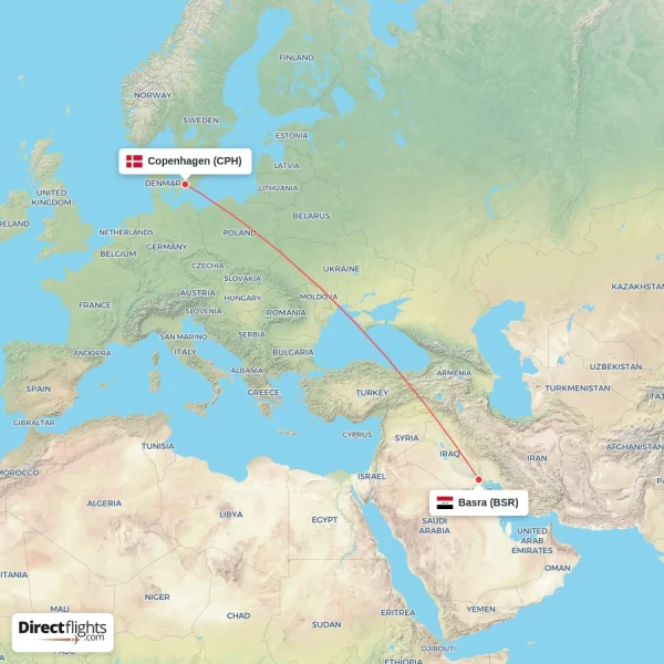 Basra - Copenhagen direct flight map