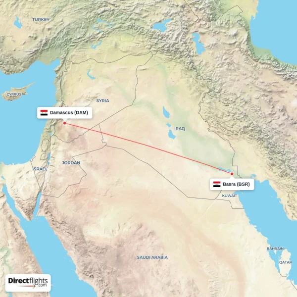 Basra - Damascus direct flight map