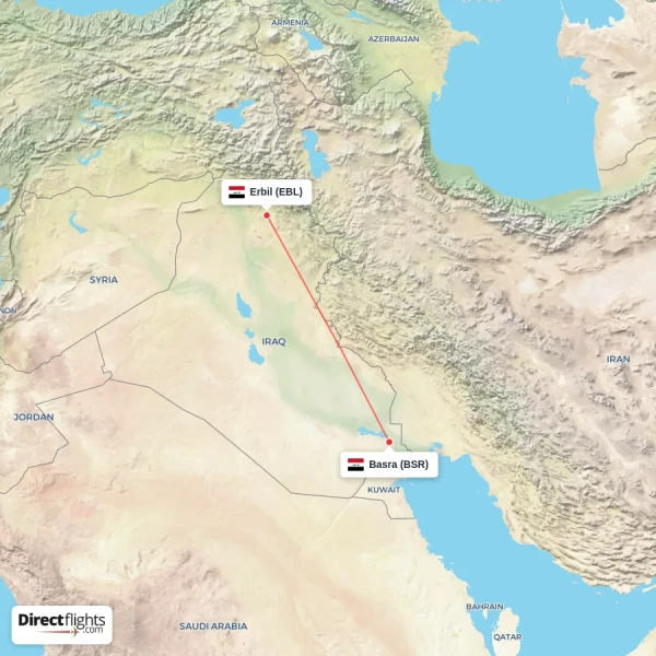 Basra - Erbil direct flight map
