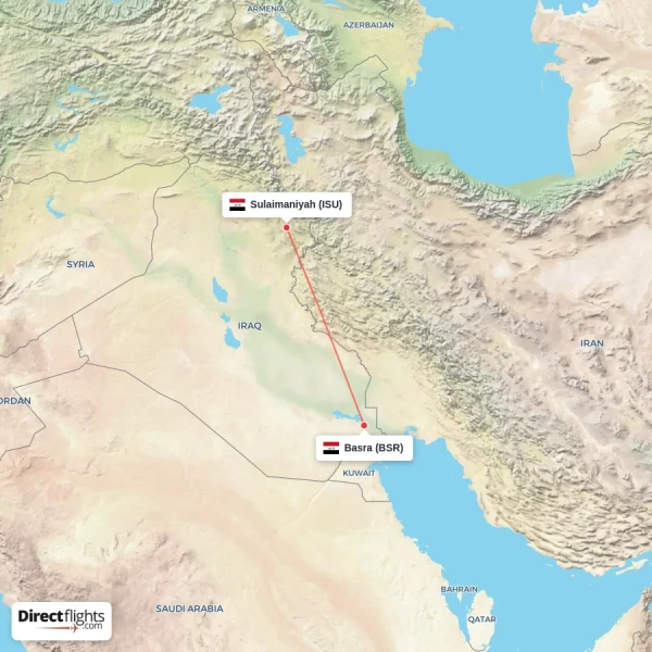 Basra - Sulaimaniyah direct flight map