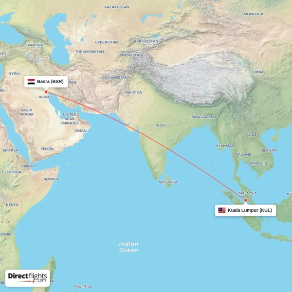 Basra - Kuala Lumpur direct flight map