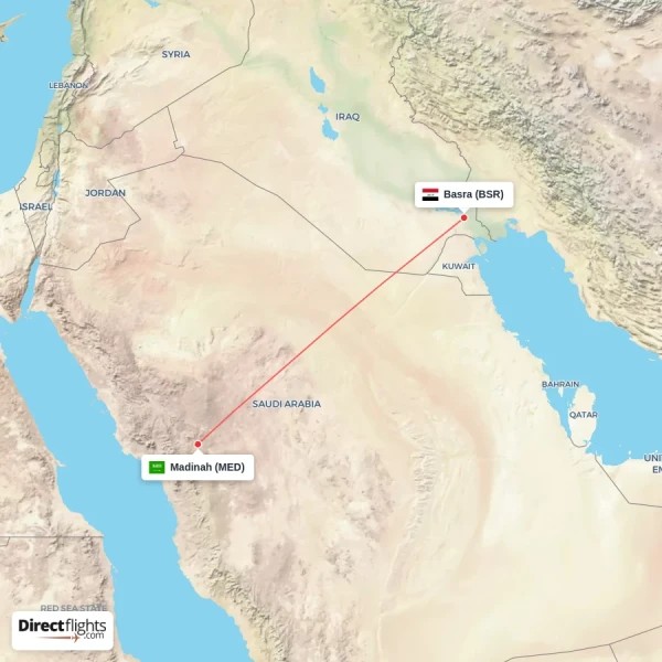 Basra - Madinah direct flight map