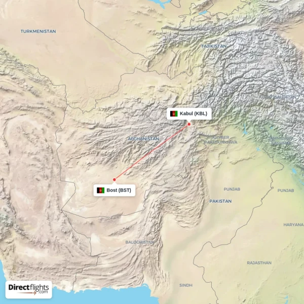 Bost - Kabul direct flight map