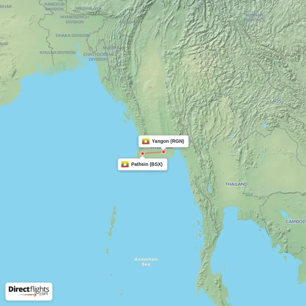 Pathein - Yangon direct flight map