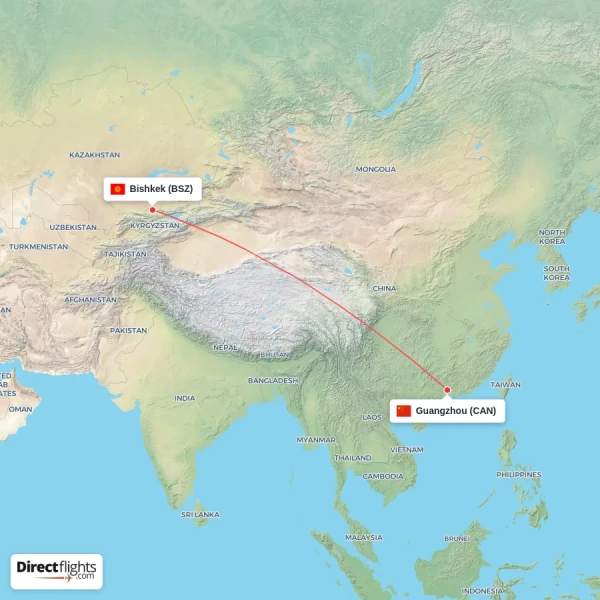 Bishkek - Guangzhou direct flight map
