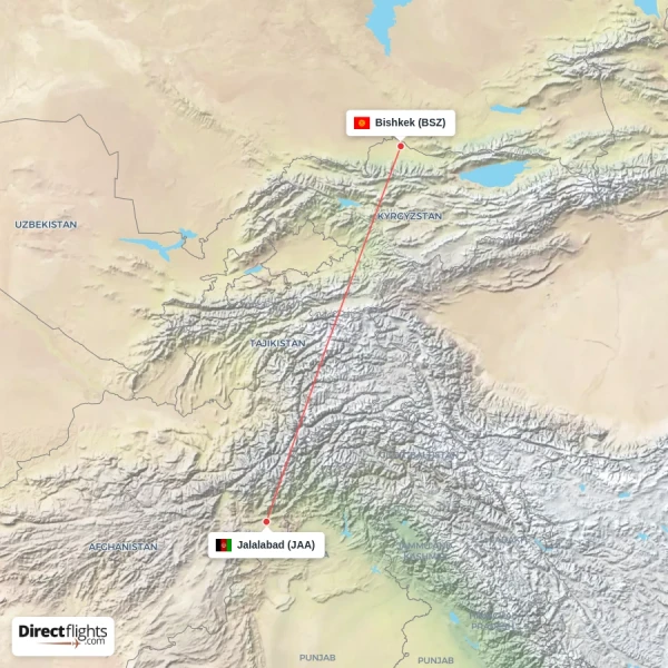 Bishkek - Jalalabad direct flight map