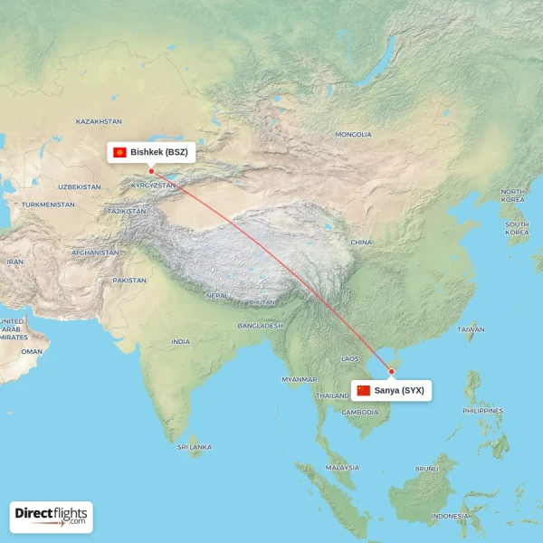Bishkek - Sanya direct flight map