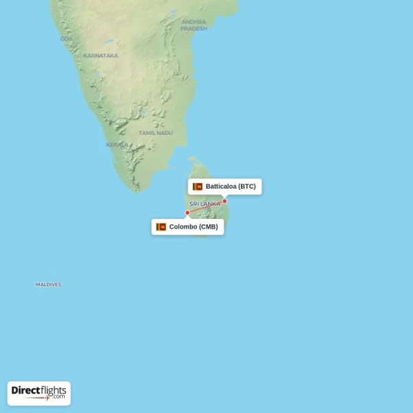 Batticaloa - Colombo direct flight map