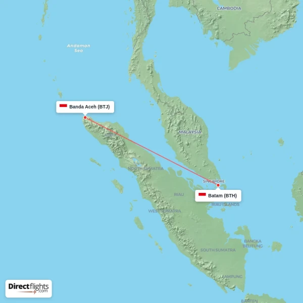 Batam - Banda Aceh direct flight map