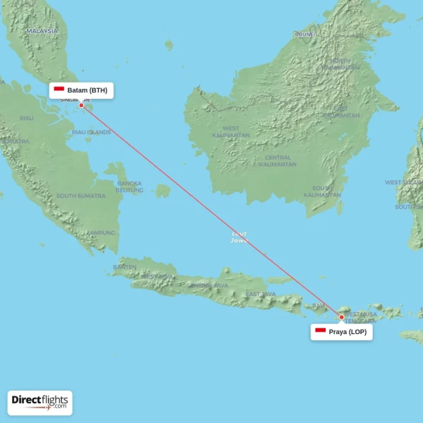 Batam - Praya direct flight map