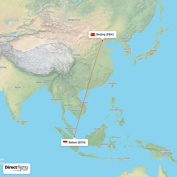 Batam - Beijing direct flight map