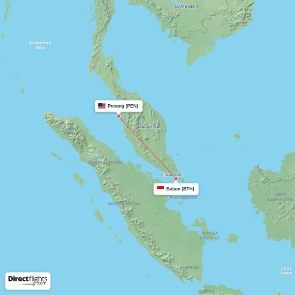 Batam - Penang direct flight map