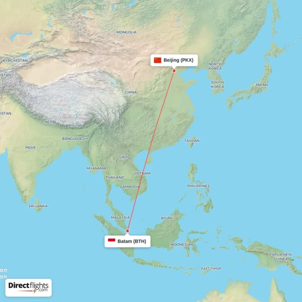 Batam - Beijing direct flight map