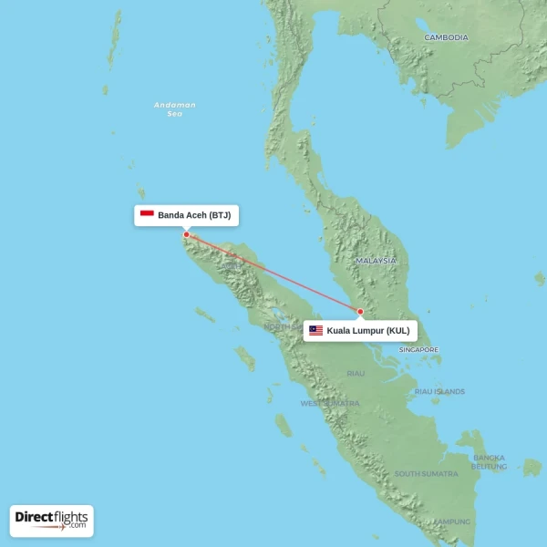 Banda Aceh - Kuala Lumpur direct flight map