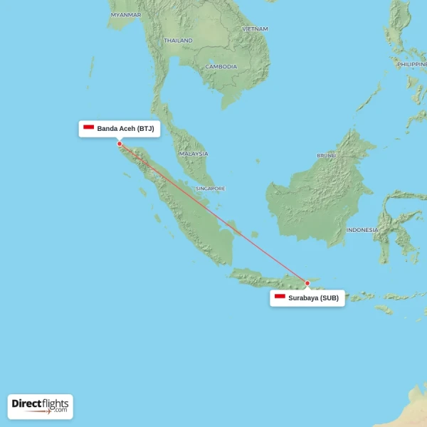 Banda Aceh - Surabaya direct flight map