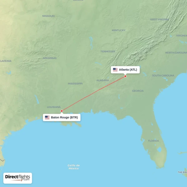Baton Rouge - Atlanta direct flight map