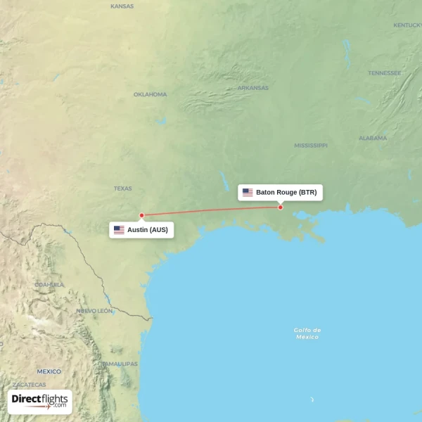 Baton Rouge - Austin direct flight map