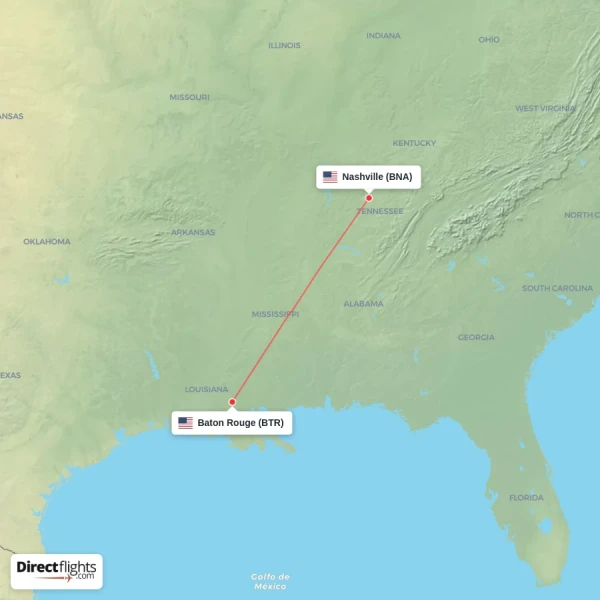 Baton Rouge - Nashville direct flight map