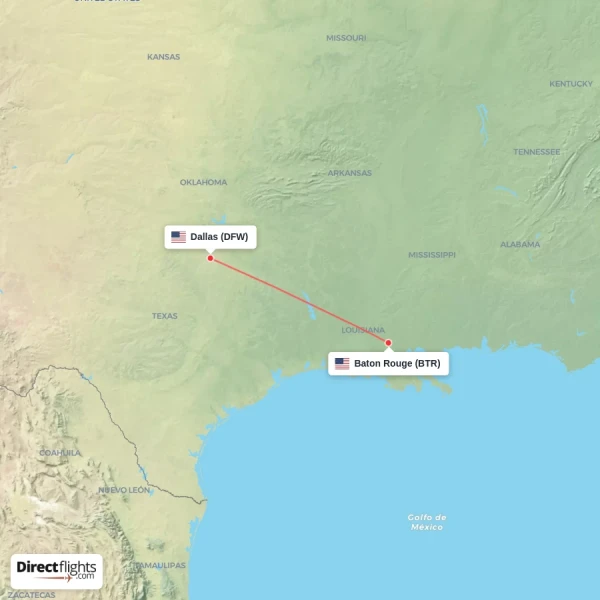 Baton Rouge - Dallas direct flight map