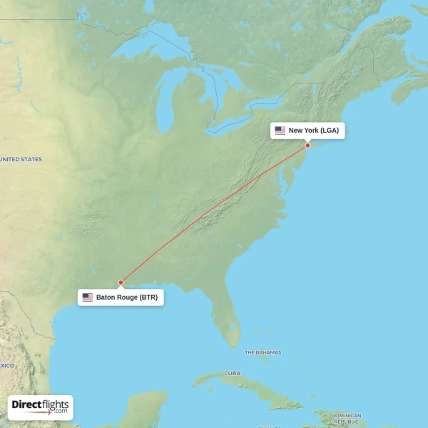 Baton Rouge - New York direct flight map