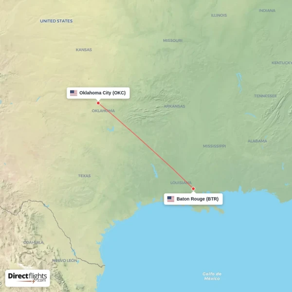 Baton Rouge - Oklahoma City direct flight map