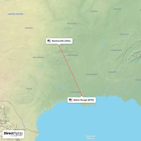 Baton Rouge - Bentonville direct flight map