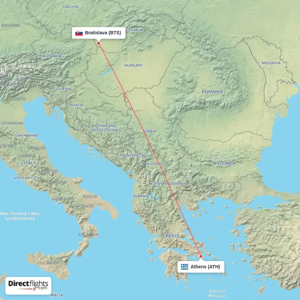 Bratislava - Athens direct flight map
