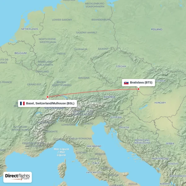 Bratislava - Basel, Switzerland/Mulhouse direct flight map