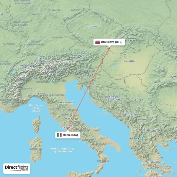 Bratislava - Rome direct flight map
