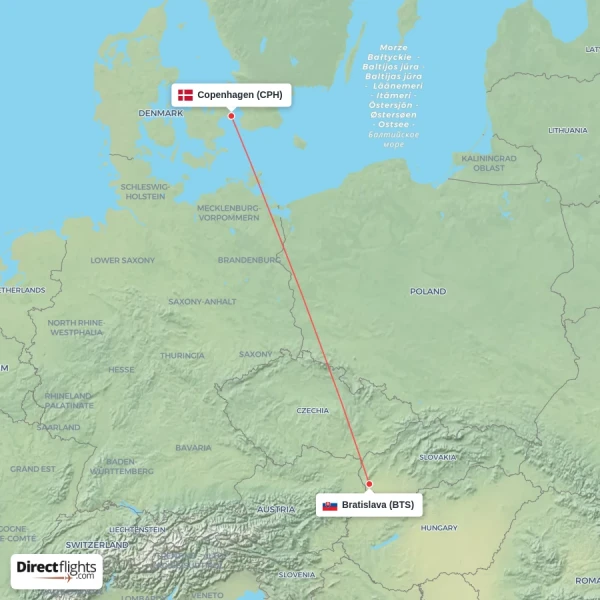Bratislava - Copenhagen direct flight map