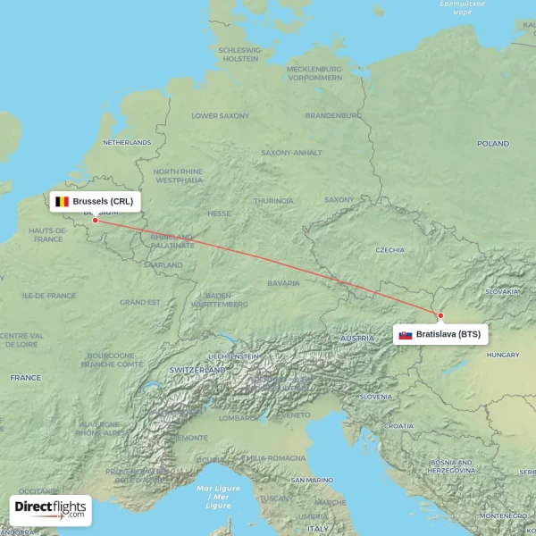 Bratislava - Brussels direct flight map