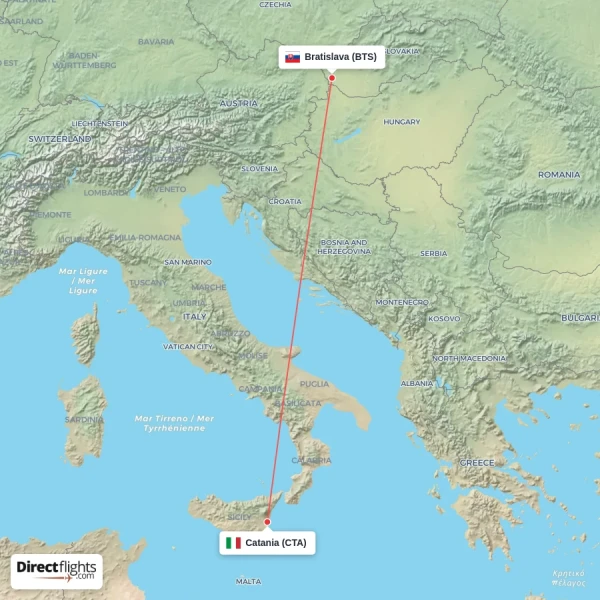 Bratislava - Catania direct flight map