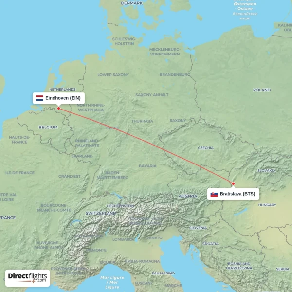 Bratislava - Eindhoven direct flight map